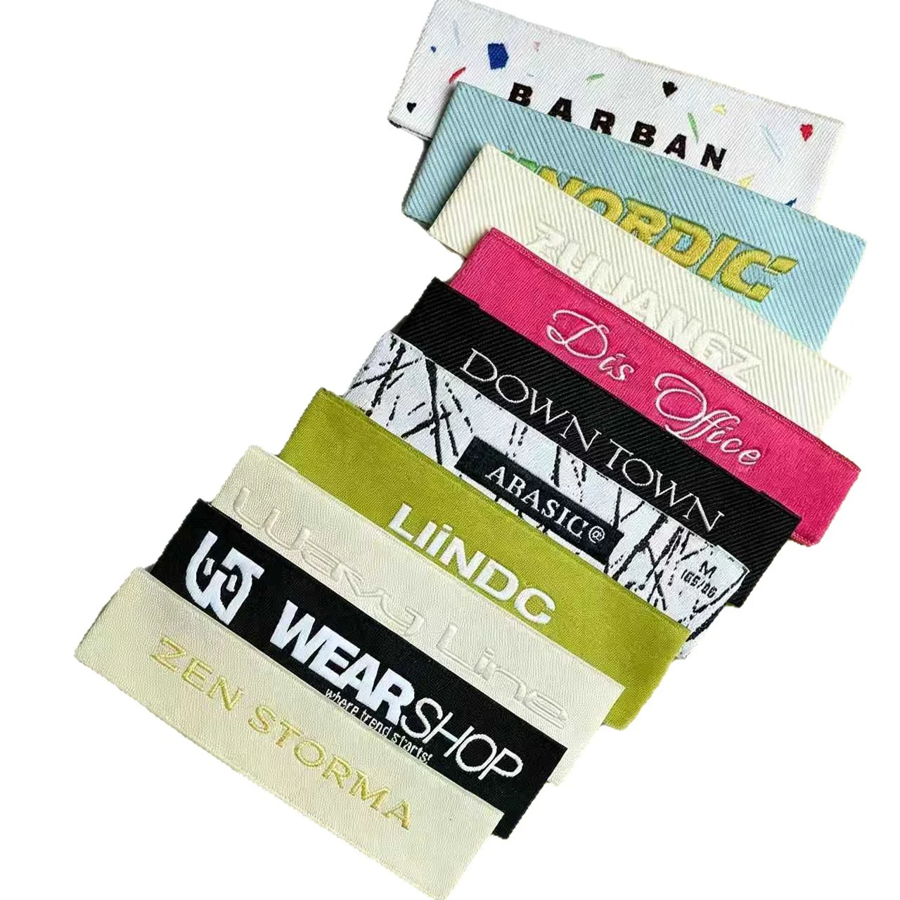 Assorted woven apparel brand label examples